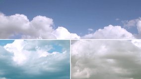 Time lapse clouds in horizon, building formating big mass with clean blue sky. Summer lightness day. Collage footage. #FHD.