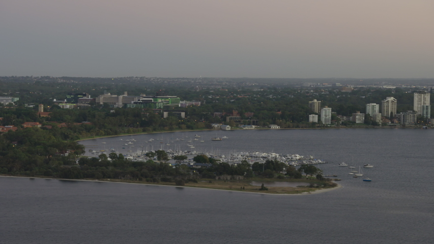 Aerial view Pelican Point nature reserve with luxury yachts anchored in marina Matilda Bay Perth Western Australia