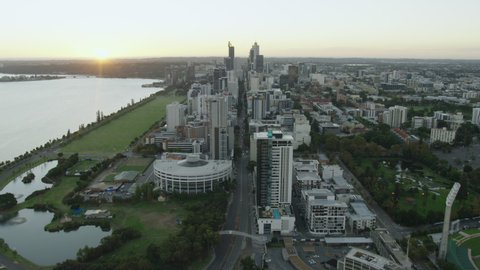 Aerial view East Perth at sunset Adelaide Terrace to Elizabeth Quay and central business district skyscrapers Western Australia