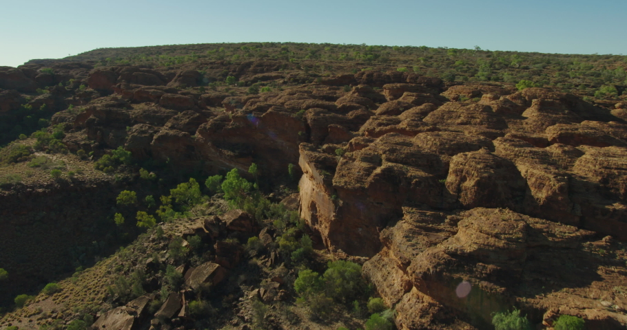 Aerial view of Kings Canyon extreme Outback terrain Aboriginal Northern Territory Watarrka National Park Red Centre Australia travel and tourism