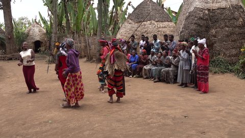 DORZE, ETHIOPIA – MARCH 2019: Traditional tribal performance and dance in Dorze village in Ethiopia