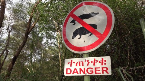 Africa travel and wildlife - warning sign against crocodiles and hippopotamus inside Lake Chamo in Nechisar national park in South Ethiopia
