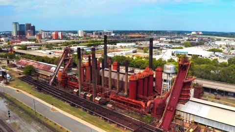 Birmingham, Alabama / USA - August 30 2019: The Sloss Furnace in Birmingham Alabama, Aerial Drone Footage