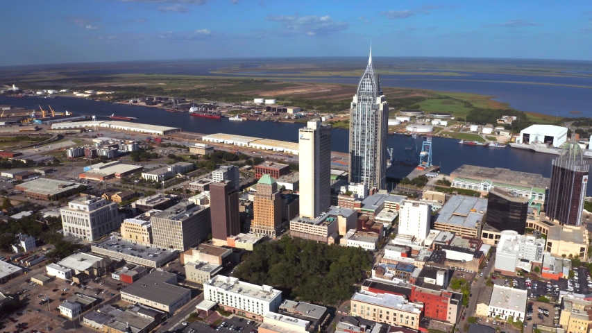 Mobile City Skyline, Alabama Flyover by Aerial Drone, 4K