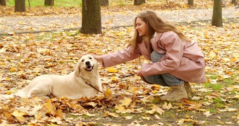 Young woman with cute dog in autumn park
