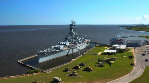 Mobile, Alabama / USA - August 30, 2019: 4K Aerial Drone: USS Alabama Battleship & Memorial Park
