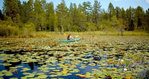 Couple Kayaking in Peaceful Swamp, Slow Motion 4K