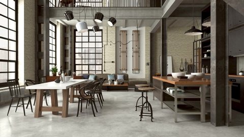 Loft modern apartment interior with dining room, living room and kitchen. 3D animation.