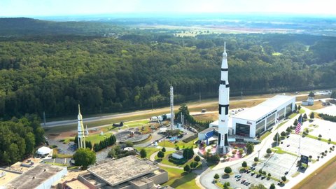 Hunstville, Alabama / USA - August 30, 2019: The U.S. Space & Rocket Center, Alabama, 4K Aerial Drone