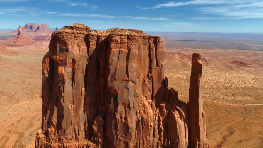 Close-up view of the rock formation, the famous tourist attraction located in Monument Valley and known as Mitten Butte. Navajo reservation territory on the border of Utah and Arizona states. 4K.