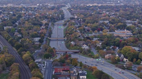 Rochester New York Aerial v36 Freeway and transportation cityscape at sunrise - October 2017