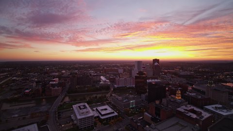 Rochester New York Aerial v22 Slow reverse cityscape skyline view at dawn sunrise - October 2017