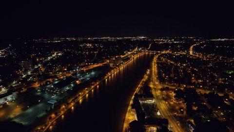 Rochester New York Aerial v14 Nighttime fly over Genesee River veering toward State Street - October 2017