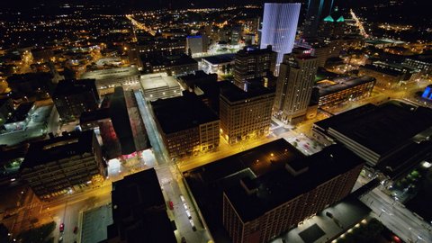 Rochester New York Aerial v4 Short panning birdseye of downtown at night - October 2017