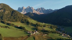 Small village aerial view 4k footage in Dolomites Italy