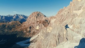 Mountain peak closeup aerial view 4k footage in Dolomites Italy