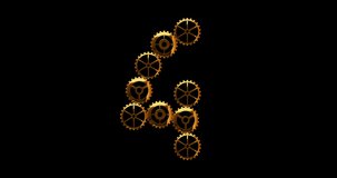 Golden spinning gears made up in number 4 on transparent background. Seamless loop 4k video with alpha channel in steampunk style