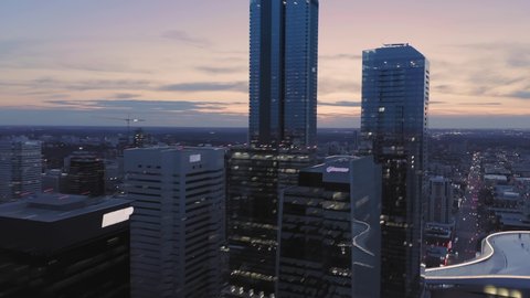 Aerial: Hyperlapse timelapse of Edmonton city skyline & traffic at night. Edmonton, Alberta, Canada. 21 April 2019 