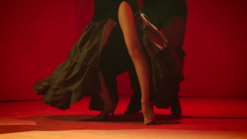 Beautiful couple dancing latin dance . Professional dancers dancing flamenco, rumba or salsa on red background. Pair in spanish dress performs dance movement. Shot ARRI ALEXA Camera in Slow Motion  Royalty-Free Stock Footage #1041510091