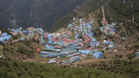 Namche Bazaar from above. Himalaya, Nepal. Aerial View. Time Lapse