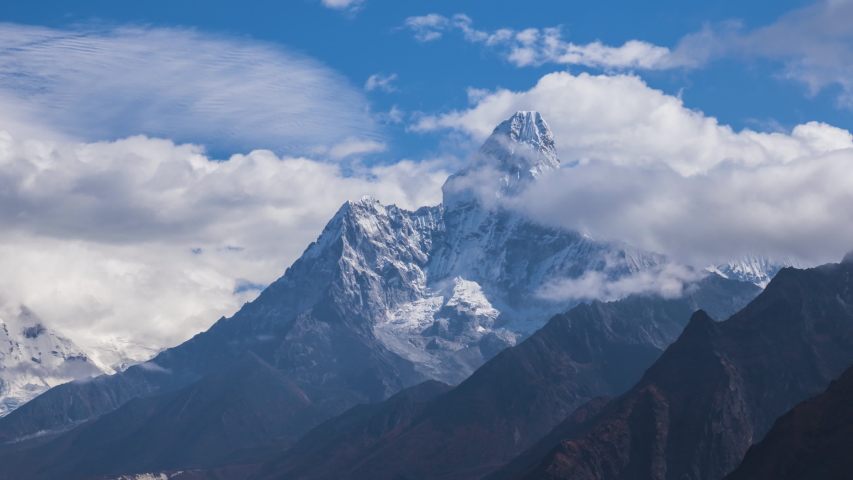 Ama Dablam Mountain on Sunny Day. Blue Sky. Himalaya, Nepal. Timelapse Royalty-Free Stock Footage #1041513814