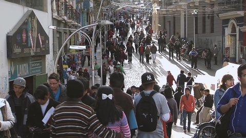 LA PAZ, BOLIVIA -MARCH 2020: Unidentified People Walking near the Lanza Market in the City Center in La Paz, Bolivia.