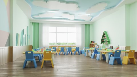 Interior of a modern empty preschool classroom