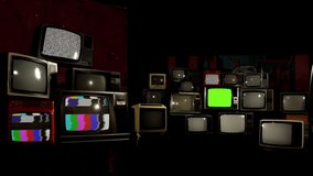 Retro TV Stack Installation with Static Noise, Color Bars and Green Screens. You can Replace Green Screen with the Footage or Picture you Want with “Keying” effect in AE (check tutorials).