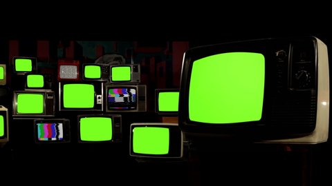 Retro TV Stack Installation with Static Noise, Color Bars and Green Screens. You can Replace Green Screen with the Footage or Picture you Want with “Keying” effect in AE (check tutorials).
