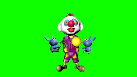 Clown performs with rabbits. Сartoon, cartoon film, animated film. 3D video. Chroma key. 3D rendering. 
