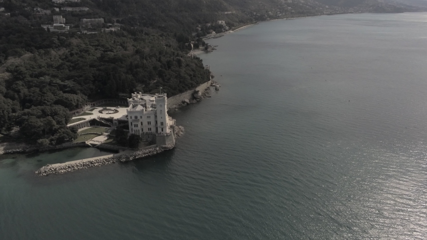 Miramare Castle in Trieste, Italy, beautiful aerial shot of the castle