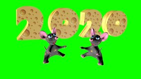 2020 year of mice. Mice dance around the cheese. Funny. Dances. cartoon, cartoon film, animated film. 3D video. Chroma key. 3D rendering.