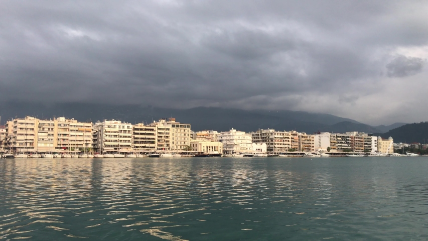 Beautiful view of Volos city, Greece as the yacht leaves the port