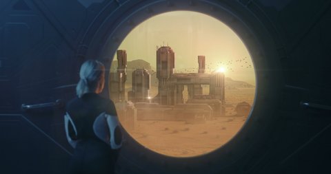 A woman astronaut in a space suit, a representative of the interplanetary race, looks out of the window of the Martian base at the colony, a city built on Mars