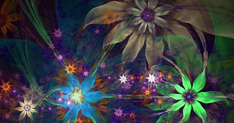 Rapid color changing abstract modern fractal background with twisted interconnected psychedelic space flowers with intricate decorative  pattern surrounding them in glowing colors, 4k, 4096p, 25fps