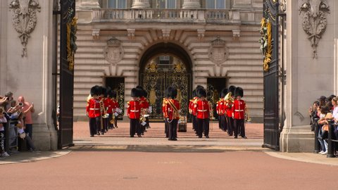London, England August 5th 2019: Changing the Guard at Buckingham Palace London. Queen Royal Guard are contingents of infantry and cavalry soldiers charged with guarding the official royal residences