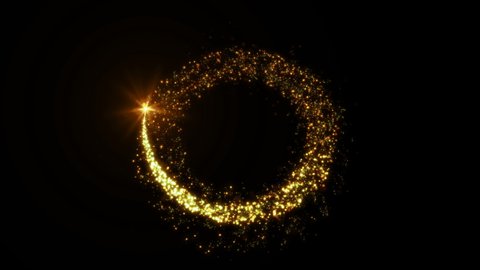 Golden glitter circle frame with sparkling light. Shining Christmas gold particles and sparkles ring on black background. Luxury magic festive effect with bokeh and glow. 3D Dust trail in Ultra HD 4K