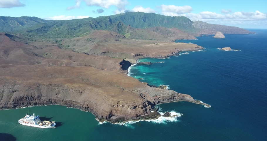 video above the Vaipaee valley at sunset with a view of the south coast of the island of UA HUKA in the archipelago des marquises in French Polynesia