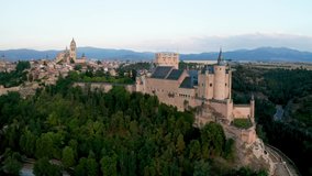 Aerial view of the castle in the city of Segovia during sunset. Summer in Spain