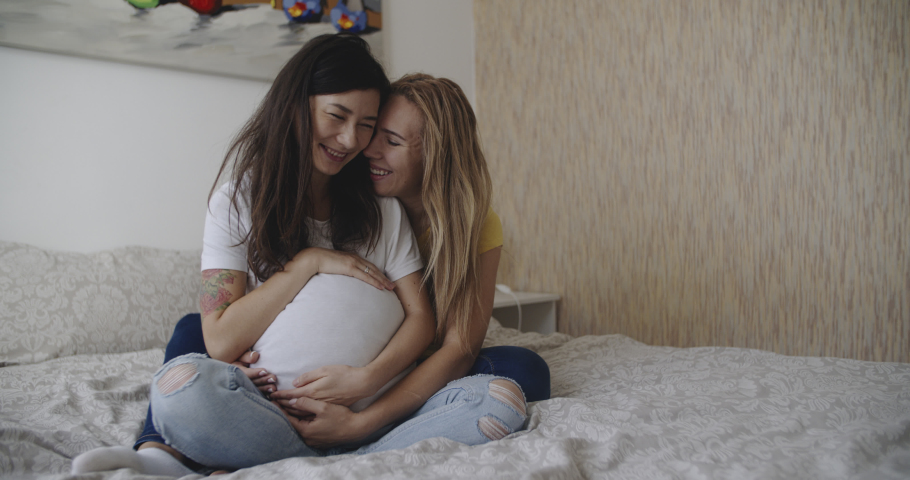 Homosexual lesbian couple expecting a baby. Happiness of motherhood, two women petting big belly and sharing love. Gay family. Lgbt maternity, homosexual, relationship, childbirth, friendship, concept Royalty-Free Stock Footage #1041574501