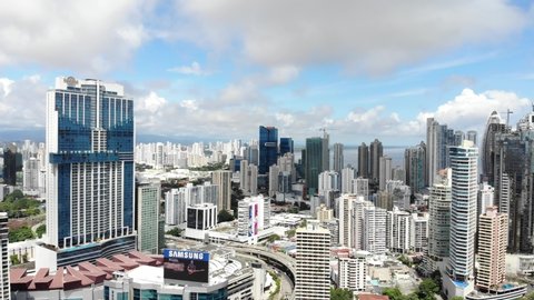 Panama City / Panama - 06 01 2018: Aerial view of Cinta Costera and Panama city skyline