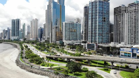 Panama City / Panama - 06 01 2018: Aerial view of Cinta Costera and Panama city skyline