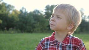 little boy portrait concept happy family. boy blond son looking up portrait slow motion video in nature lifestyle in a plaid shirt sunlight glare happy childhood concept