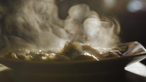 Silhouette of freshly cooked ravioli or pelmeni in the plate on a table, steam rises up, close-up soft-focus shot