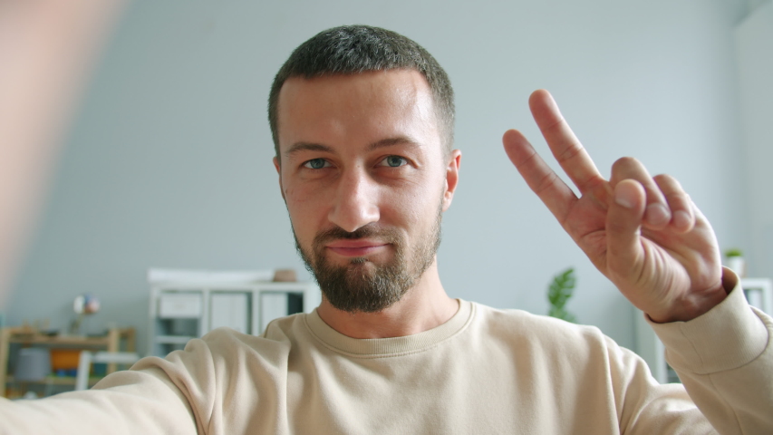 Playful office worker is taking selfie at work looking at camera showing thumbs-up and hand gestures and tongue smiling having fun. People and photos concept. Royalty-Free Stock Footage #1041584263