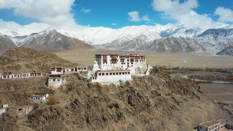 Aerial view of Stakna Gompa (monastery) on a winter day. The Buddhist monastery belongs to the Drugpa (Red Hat) sect and lies in 3500 m altitude in the Indus Valley in Ladakh (Little Tibet), India. 
