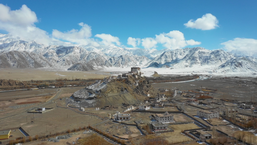 Aerial view of Stakna Gompa (monastery) on a winter day. The Buddhist monastery belongs to the Drugpa (Red Hat) sect and lies in 3500 m altitude in the Indus Valley in Ladakh (Little Tibet), India. 