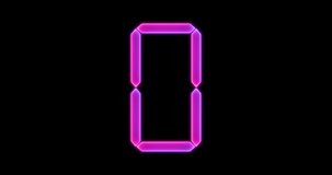 Glowing number 0 with iridescent popular bright neon lights (pink and purple) on transparent background. Digital style loop animation. 4k video with alpha channel