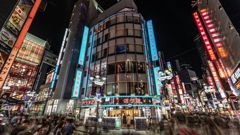 TOKYO, JAPAN - CIRCA MARCH, 2018: Shibuya at night, time lapse view. Shibuya is known as one of the fashion centers of Japan, particularly for young people, and for nightlife.