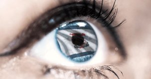 Woman blue eye in close up with the flag of West Virginia state in iris, united states of america with wind motion. video concept